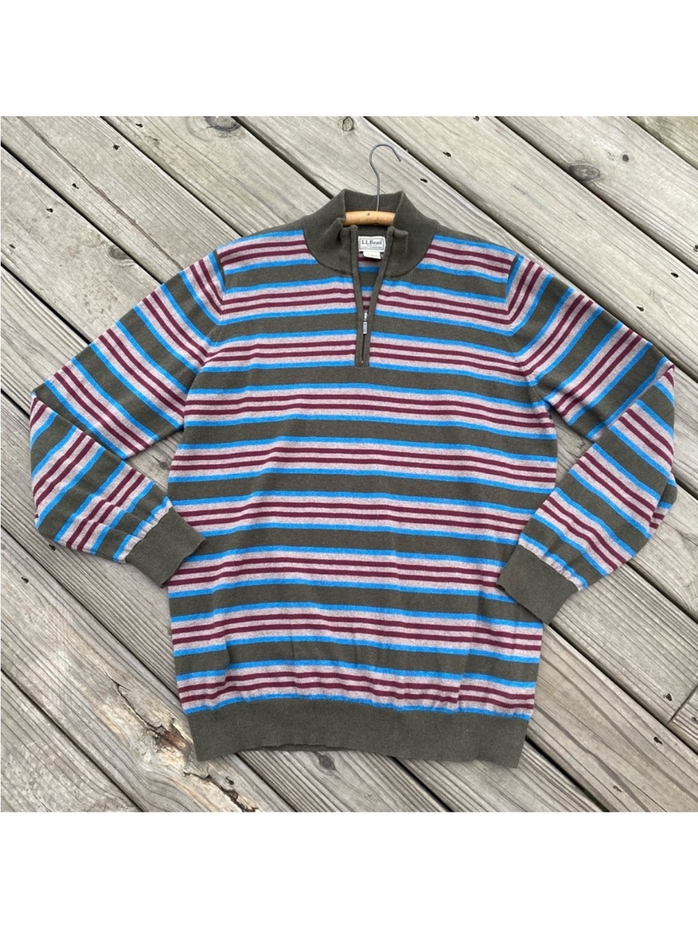 L.L. Bean Quarter Zip Cotton Cashmere Blend Striped Sweater